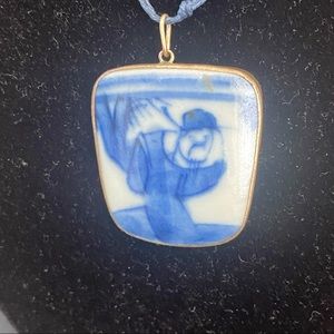 Antique chinese porcelain encased in metal necklace